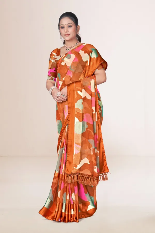Orange_Camouflage_Print_Silk_Saree_With_Matching_Blouse