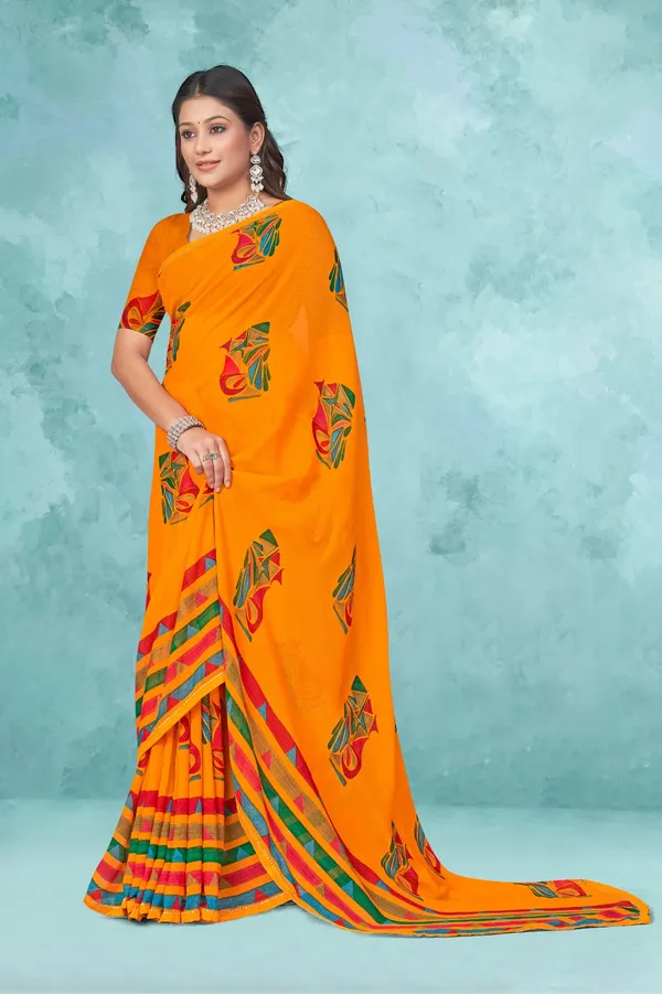Orange_Printed_Saree_With_Multicolor_Border