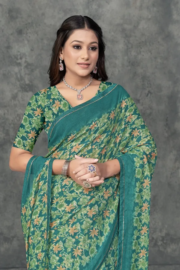 Green_Floral_Print_Georgette_Saree_With_Matching_Blouse