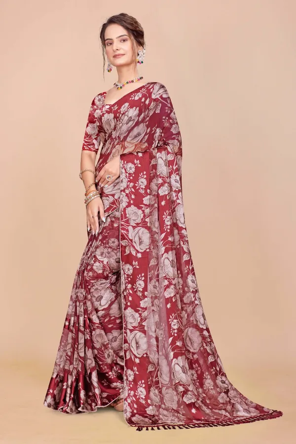 Maroon_Floral_Print_Saree_With_Matching_Blouse