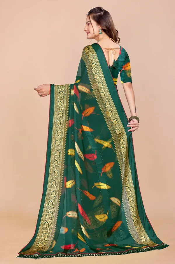 Green_Silk_Saree_With_Golden_Zari_Border_And_Colorful_Ikat_Motifs