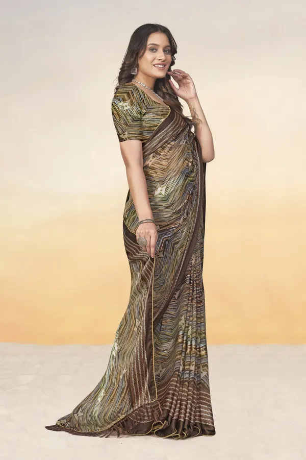 Printed_Georgette_Saree_With_Blouse_-_Brown_And_Green_Striped_Pattern
