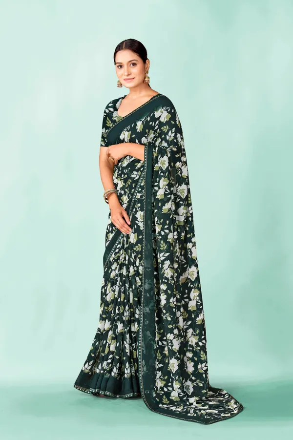 Elegant_Dark_Green_Floral_Printed_Saree_With_Embellished_Border