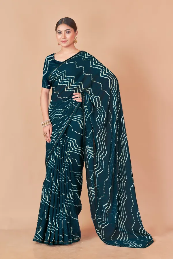 Teal_Blue_Bandhani_Print_Saree_With_Blouse