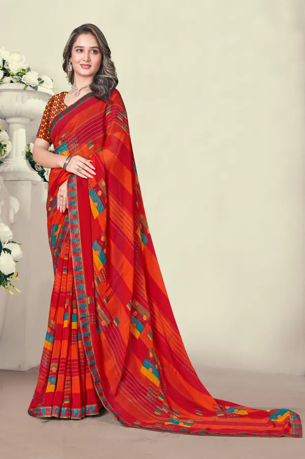 Vibrant_Red_And_Orange_Printed_Georgette_Saree_With_Blouse