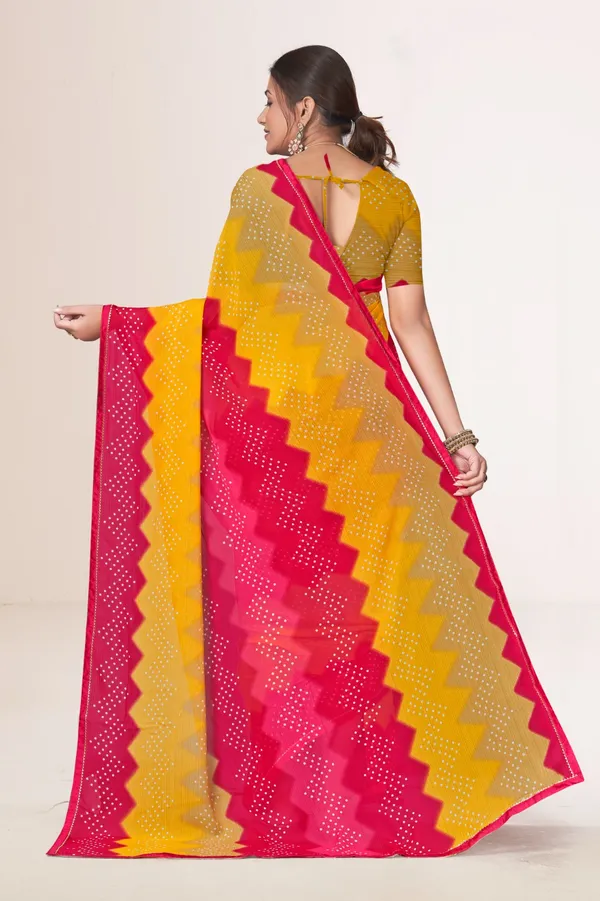 Bandhani_Print_Georgette_Saree_With_Blouse_-_Yellow_And_Pink