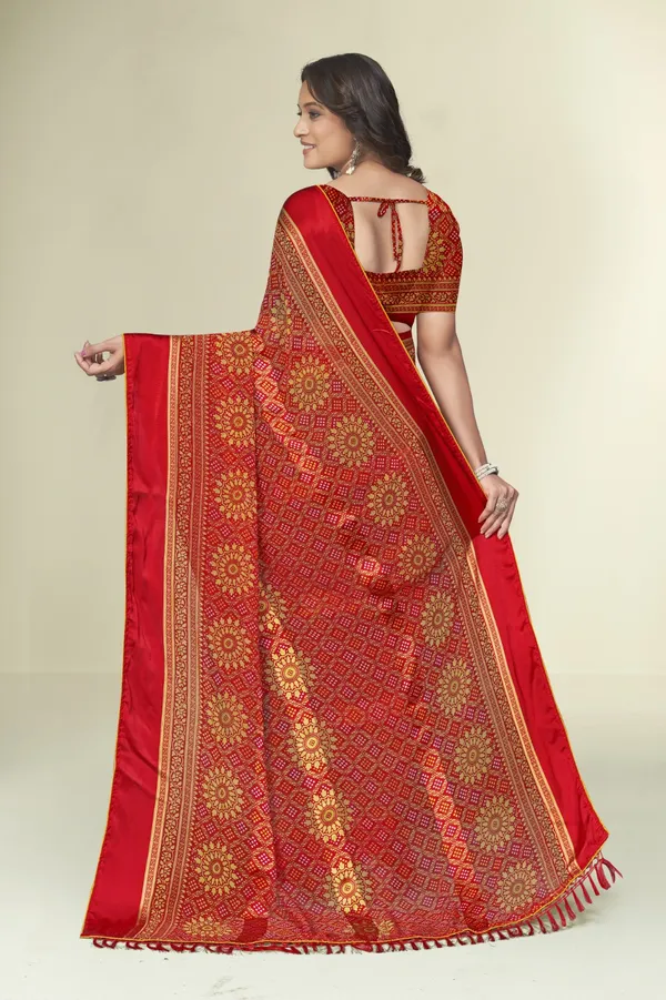 Red_Bandhani_Print_Saree_With_Golden_Zari_Work_And_Border