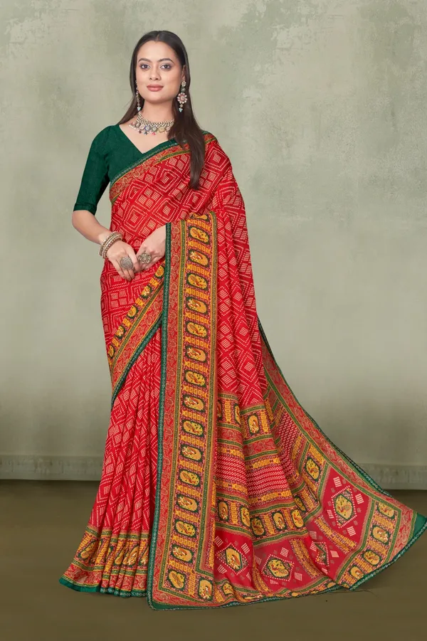 Traditional_Red_Bandhani_Saree_With_Green_Blouse