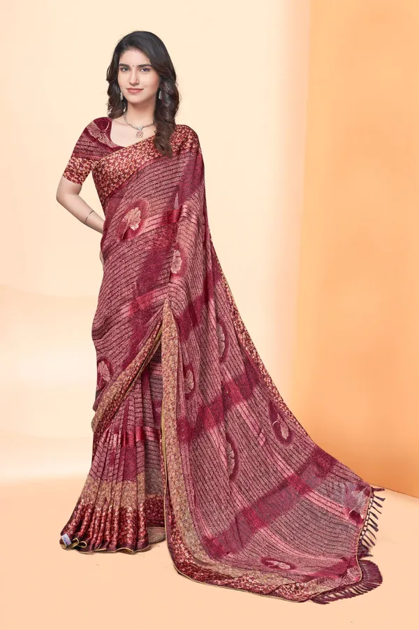 Maroon_Bandhani_Print_Linen_Silk_Saree_With_Matching_Blouse