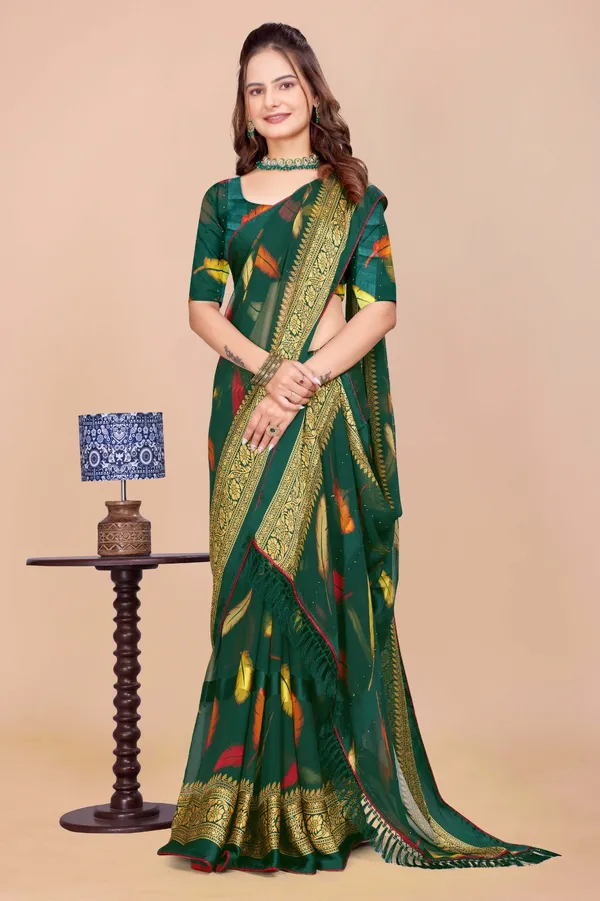 Green_Silk_Saree_With_Golden_Zari_Border_And_Colorful_Ikat_Motifs