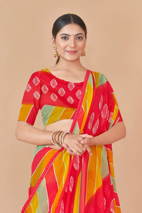 Multicolor_Striped_Leheriya_Print_Saree_With_Contrast_Blouse