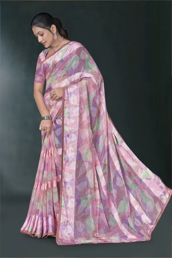 Pink_And_Purple_Floral_Print_Saree_With_Blouse