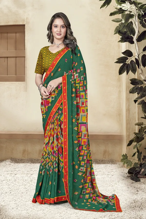 Green_Traditional_Printed_Saree_With_Colorful_Geometric_Pattern_And_Red_Border