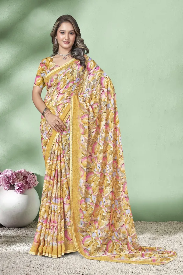 Yellow_Floral_Print_Saree_With_Matching_Blouse