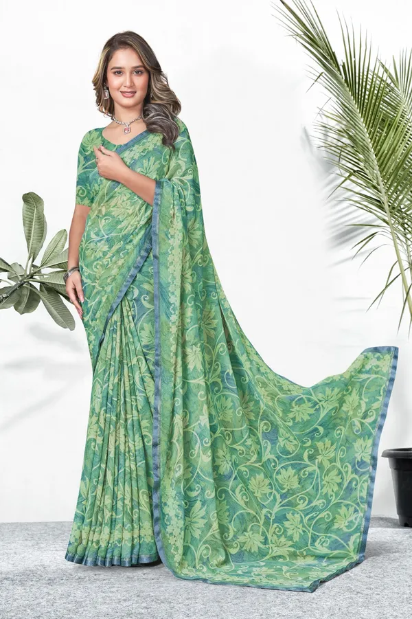 Green_Floral_Printed_Saree_With_Blue_Border
