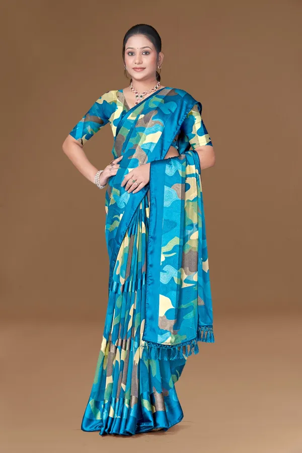 Blue_Camouflage_Print_Silk_Saree_With_Matching_Blouse_And_Tassel_Border