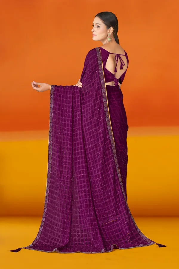 Purple_Checkered_Saree_With_Matching_Blouse