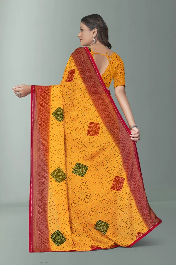 Yellow_Bandhani_Print_Saree_With_Red_Border_And_Blouse