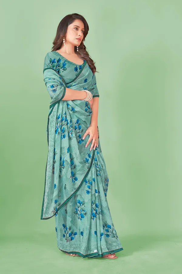 Elegant_Teal_Green_Floral_Print_Saree_With_Blouse