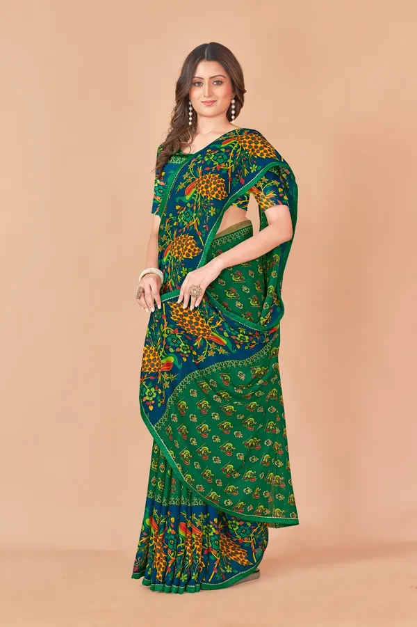 Traditional_Green_Floral_Printed_Saree_With_Peacock_Motif