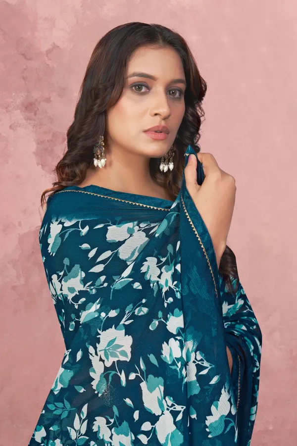 Floral_Print_Teal_Blue_Georgette_Saree_With_Blouse