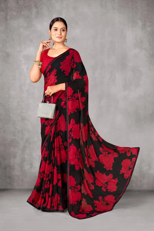 Black_And_Red_Floral_Print_Georgette_Saree_With_Red_Blouse