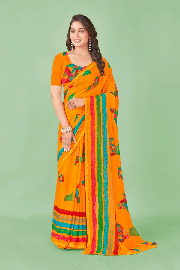 Vibrant_Orange_Saree_With_Geometric_Applique_Work_And_Striped_Border