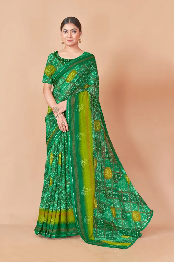 Green_Bandhani_Saree_With_Yellow_Accents_And_Traditional_Tie_Dye_Pattern