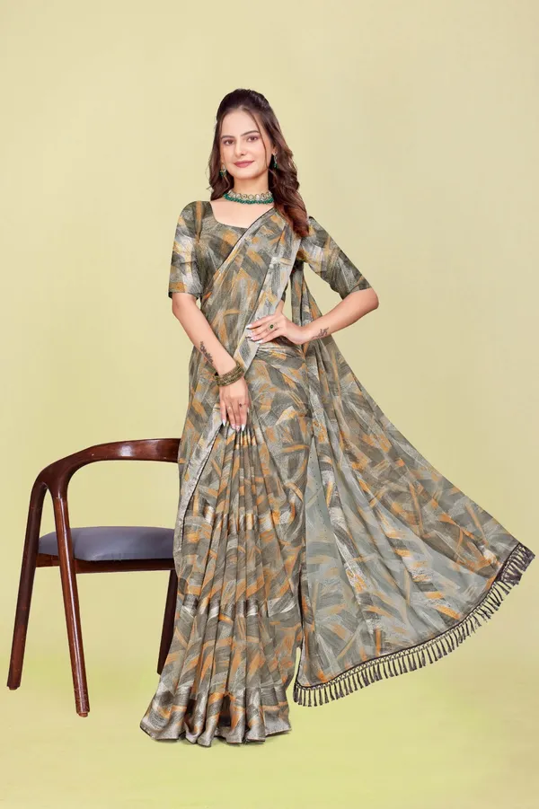 Grey_And_Mustard_Abstract_Print_Saree_With_Tasseled_Border