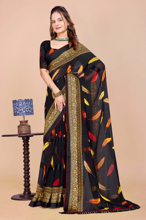 Black_Feather_Print_Saree_With_Golden_Border