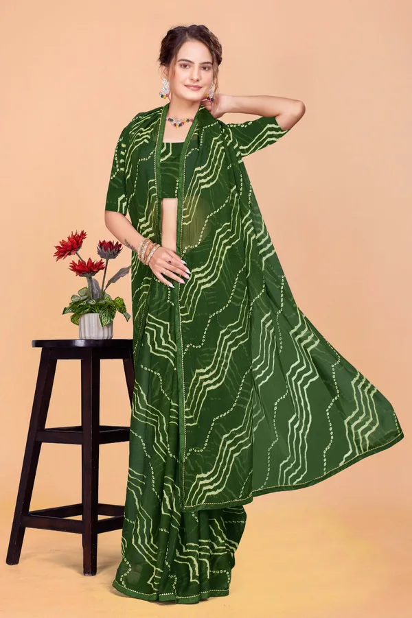 Green_Bandhani_Print_Georgette_Saree_With_Stitched_Blouse