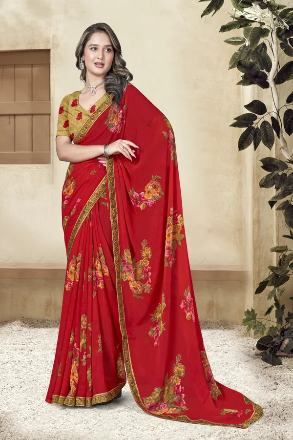Red_Floral_Embroidered_Saree_With_Golden_Border_And_Blouse