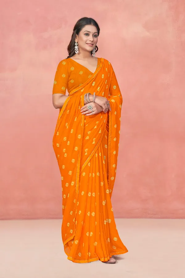 Orange_Bandhani_Georgette_Saree_With_Golden_Buttis