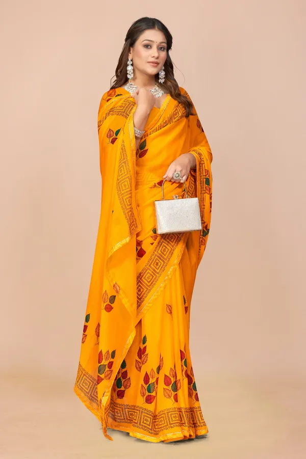 Vibrant_Yellow_Printed_Saree_With_Floral_Design_And_Border