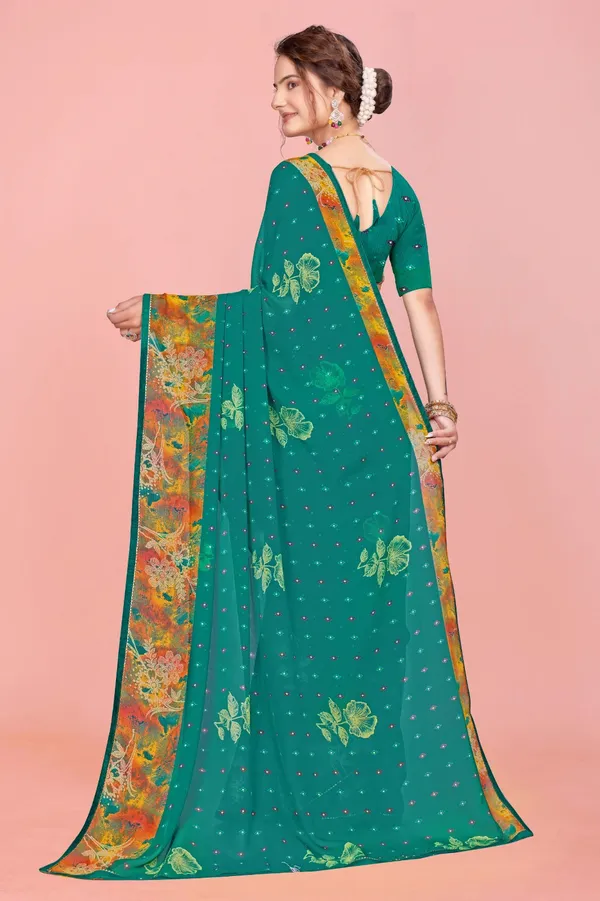 Teal_Green_Georgette_Saree_With_Floral_Border_And_Sequin_Embellishments