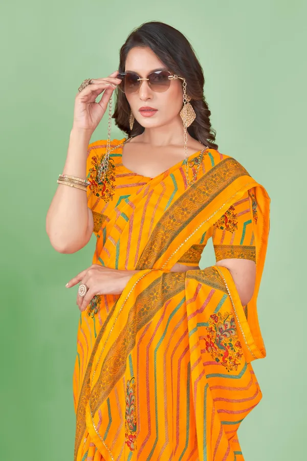 Yellow_Leheriya_Print_Georgette_Saree_With_Floral_Embroidery_And_Border