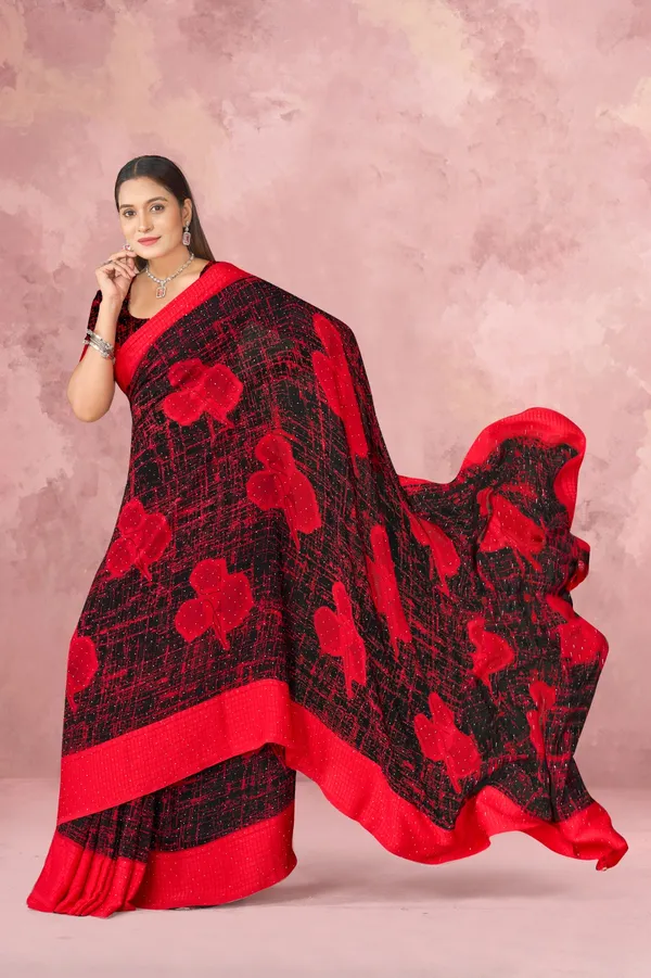Red_And_Black_Floral_Print_Saree_With_Red_Border