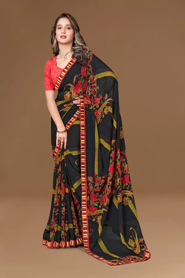 Black_Floral_Print_Saree_With_Red_Blouse_And_Striped_Border