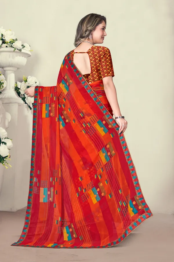 Vibrant_Red_And_Orange_Printed_Georgette_Saree_With_Blouse