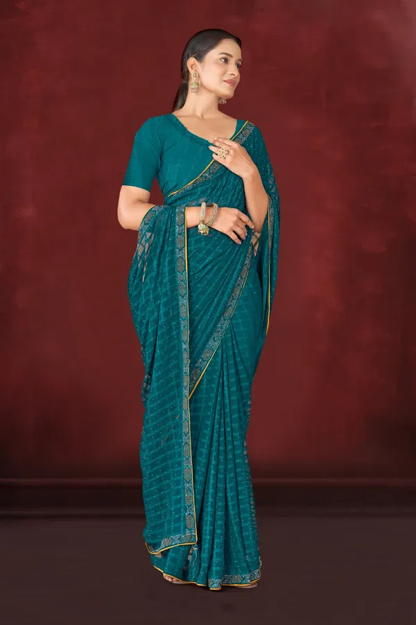 Teal_Blue_Embellished_Georgette_Saree_With_Blouse