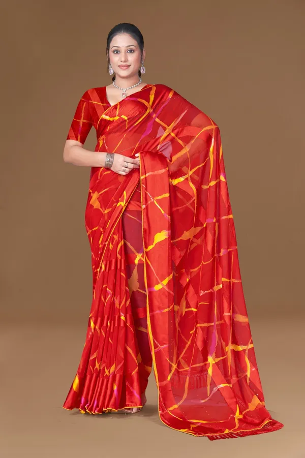 Red_Geometric_Print_Saree_With_Yellow_Accents_And_Tassel_Border