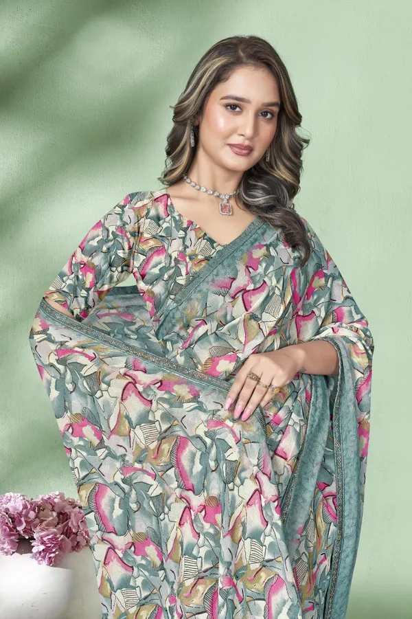 Floral_Printed_Chiffon_Saree_With_Blouse_-_Green_&_Pink
