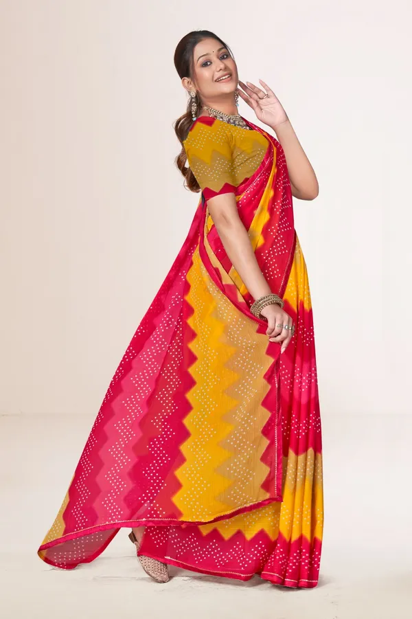 Bandhani_Print_Georgette_Saree_With_Blouse_-_Yellow_And_Pink
