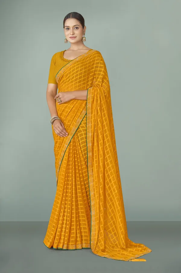 Mustard_Yellow_Checkered_Chiffon_Saree_With_Blouse