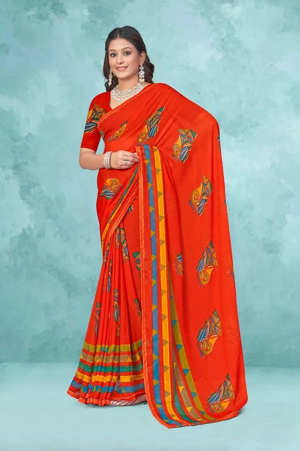 Vibrant_Orange_Printed_Saree_With_Multicolor_Border