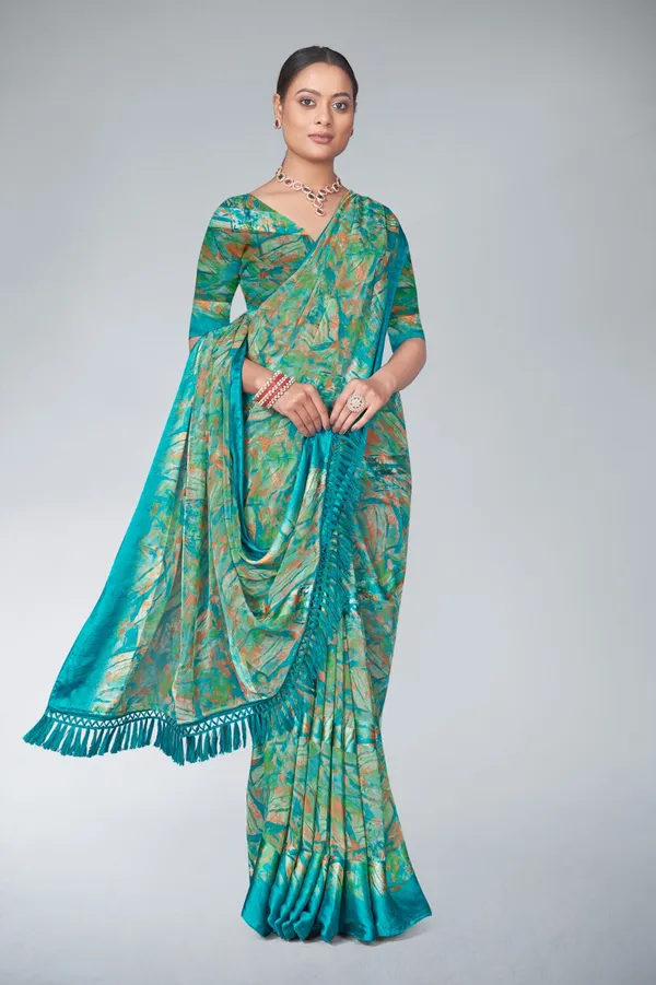 Turquoise_Green_Abstract_Print_Saree_With_Woven_Border_And_Tasseled_Pallu
