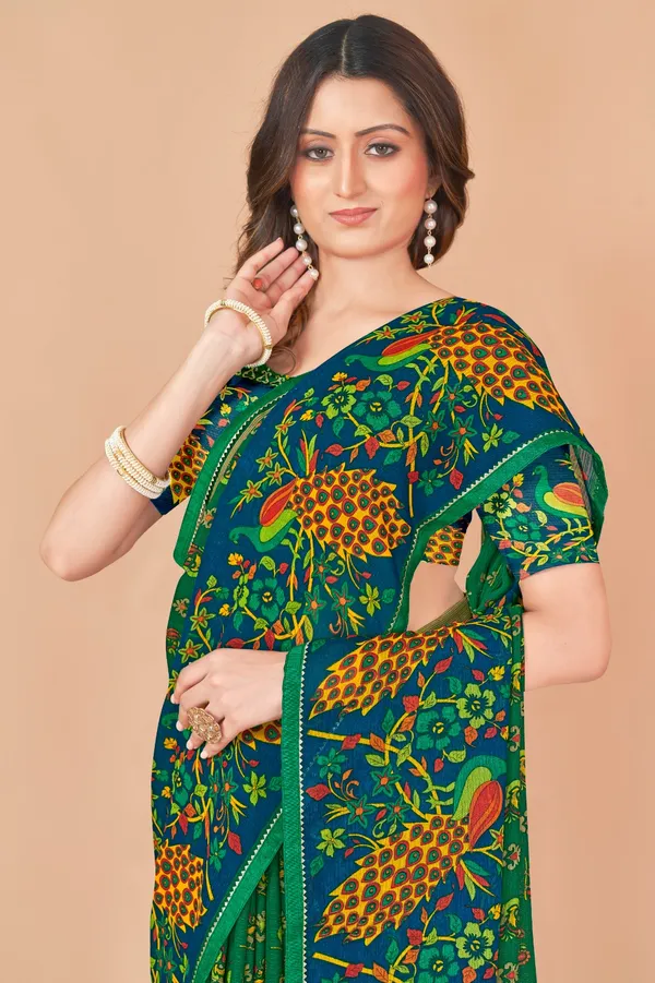 Traditional_Green_Floral_Printed_Saree_With_Peacock_Motif