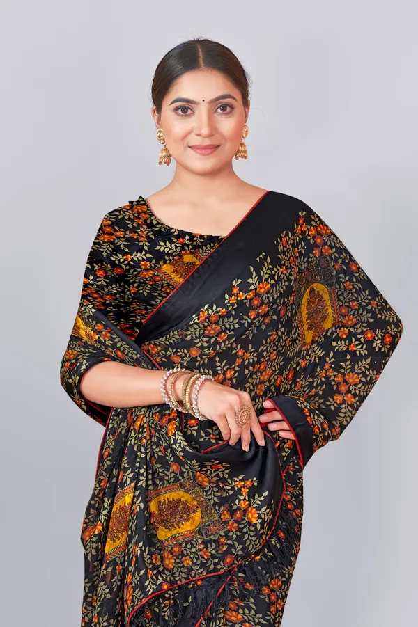 Black_Floral_Printed_Saree_With_Contrast_Border