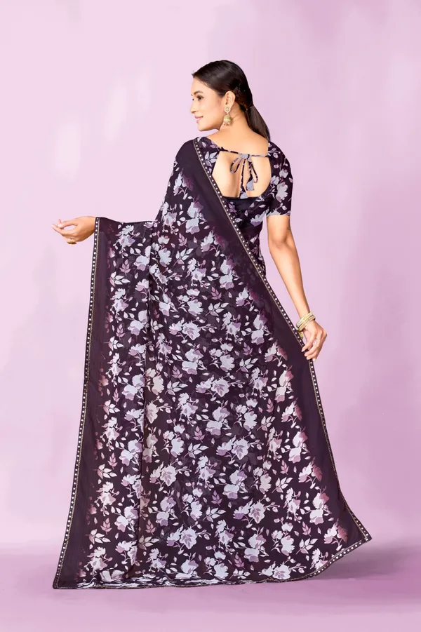 Dark_Purple_Floral_Print_Saree_With_Matching_Blouse