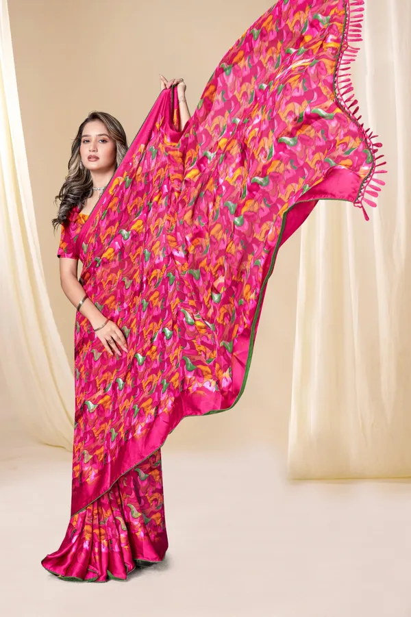 Vibrant_Pink_Multicolor_Printed_Saree_With_Matching_Blouse